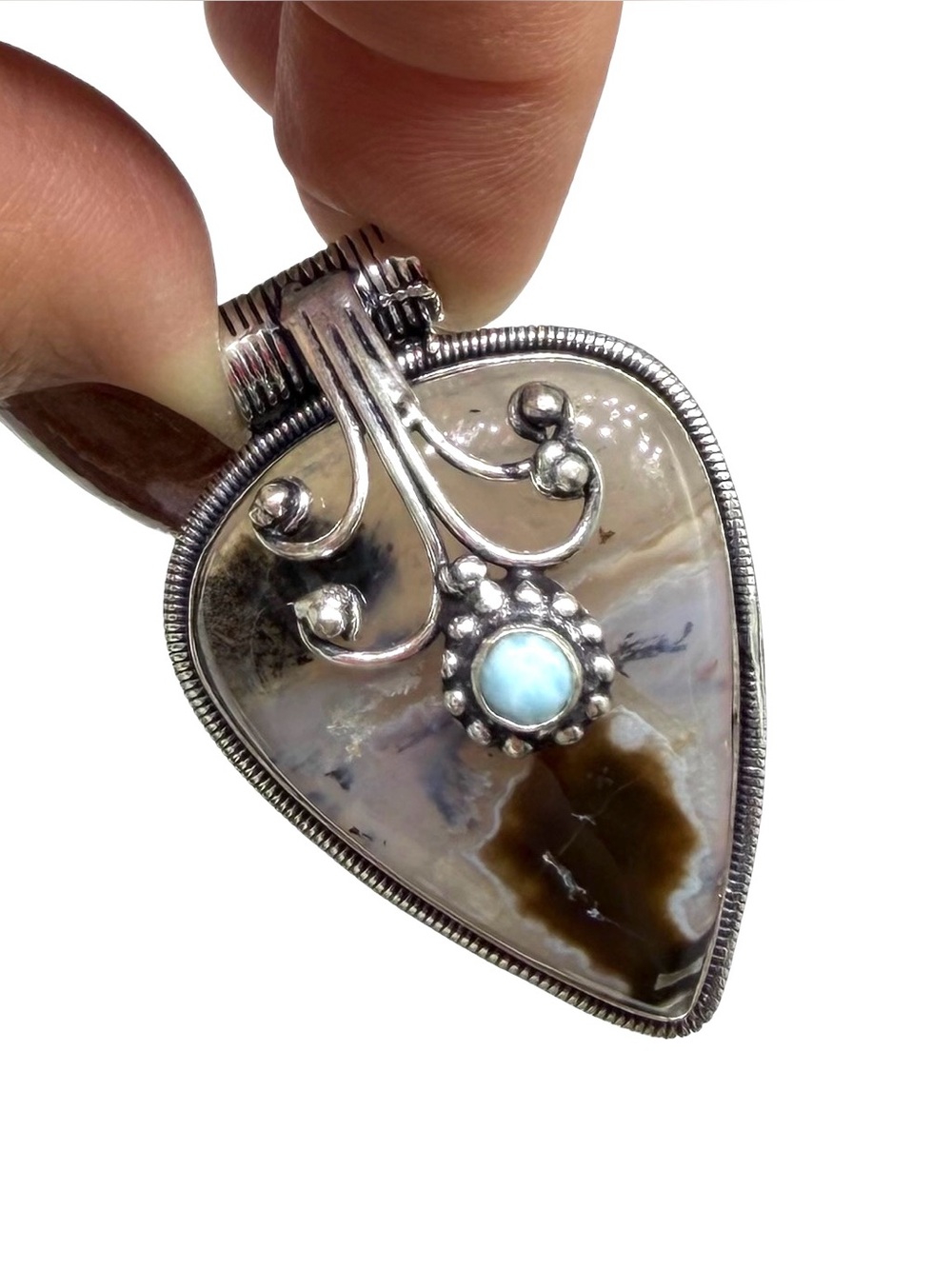 Dendritic Agate & Larimar Necklace Pendant 925 Sterling Silver Overlay